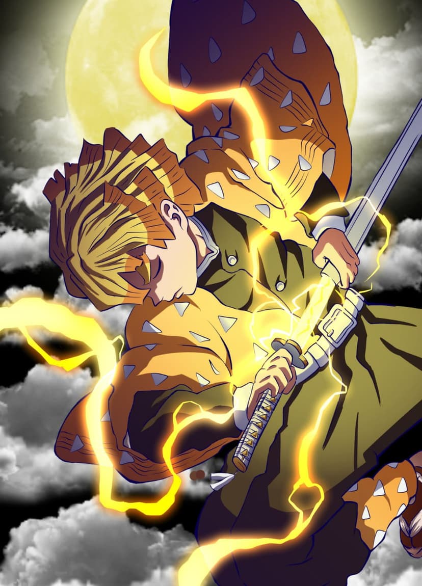 Zenitsu Agatsuma grips his sword amidst yellow electric bolts with a large white moon in the night sky.