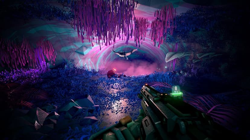 First-person view of a shotgun aimed at a flying alien in a glowing purple and blue bioluminescent cave.