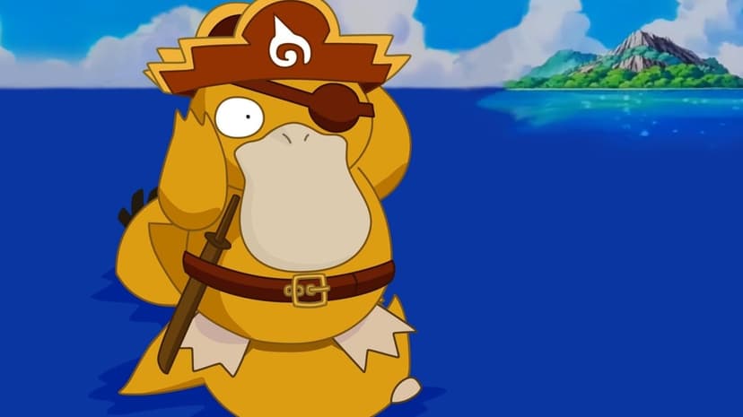 Pirate Psyduck wearing a hat and eyepatch in the blue ocean with a tropical island in the background.