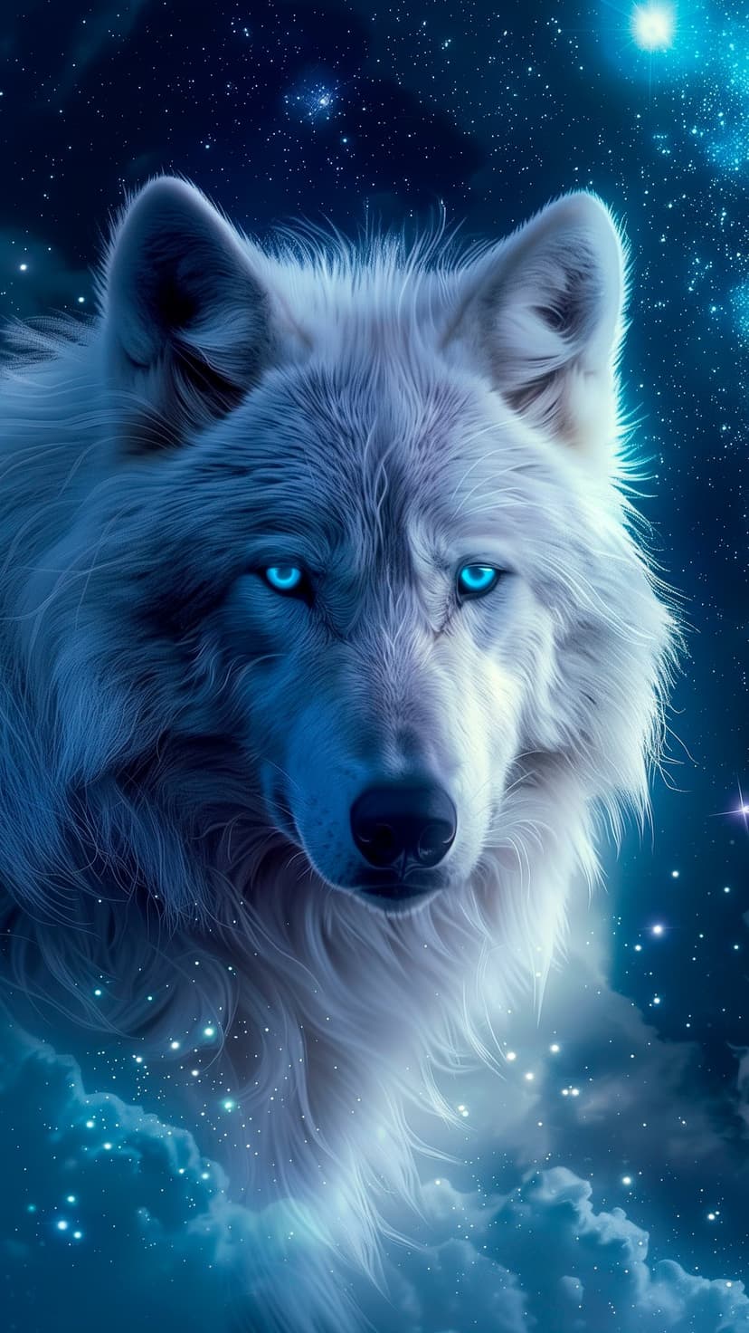White wolf with glowing blue eyes sits before a dark blue night sky filled with stars and soft cosmic clouds.