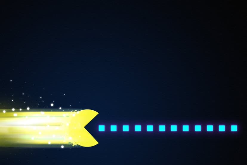Glowing yellow Pac-Man with light trails moving towards a line of cyan neon squares on a dark background.
