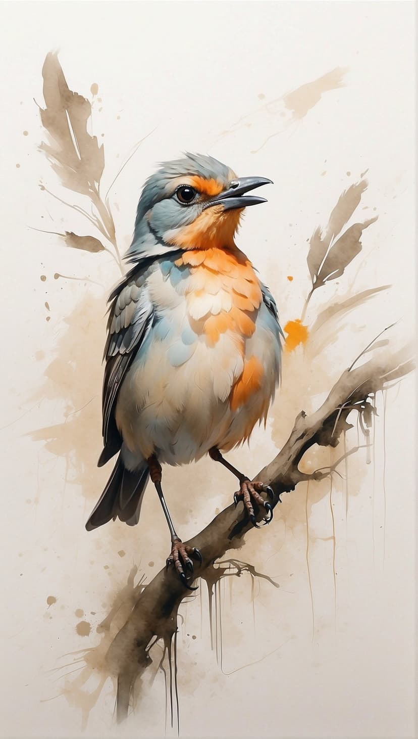 Small bird with blue and orange feathers rests on a thin branch against a neutral, botanical-themed background.