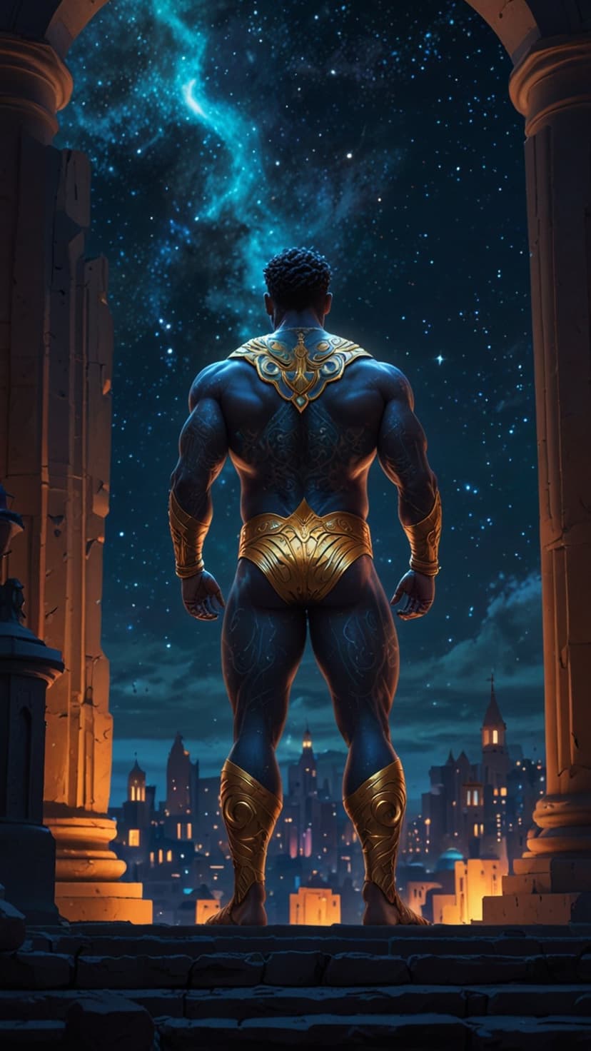 Muscular man in ornate golden armor gazes at a purple nebula above a glowing city from a stone balcony.