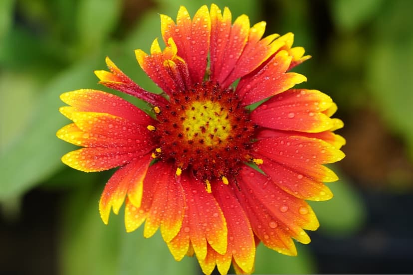 Blanket flower with red and yellow petals covered in tiny water droplets against a blurred green background.