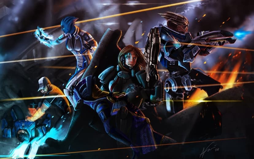 Female Shepard shields Tali while Liara and Garrus fight amidst orange laser fire in a dark sci-fi battle.