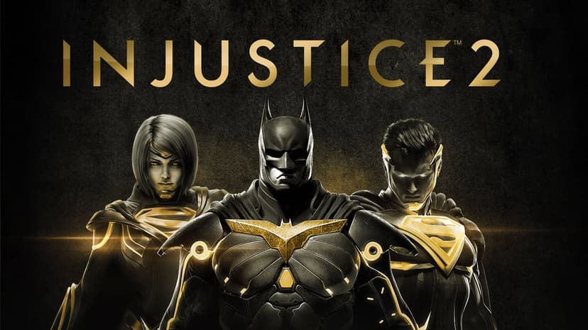 Batman, Superman, and Supergirl in gold-accented armor against a dark background for Injustice 2 art.