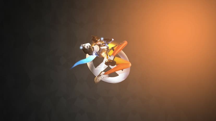 Tracer from Overwatch in mid-air with pulse pistols against a dark polygonal background and orange glow.
