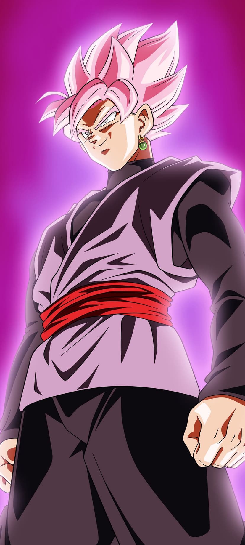 Goku Black with spiked pink hair and a purple aura wearing a dark gi and red sash looking forward with intensity.