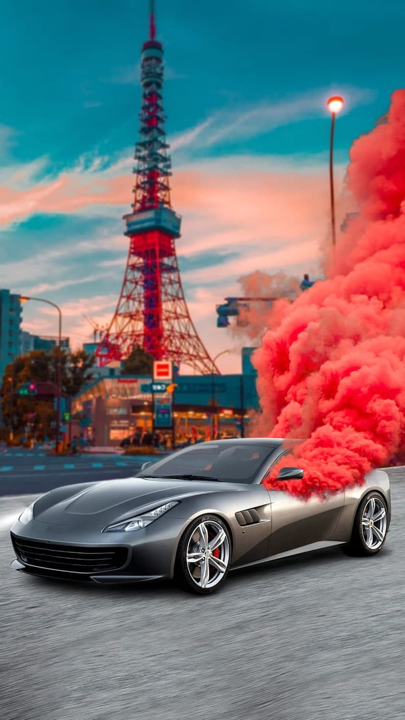 Grey sports car emitting thick red smoke while driving past the illuminated Tokyo Tower during a purple sunset.