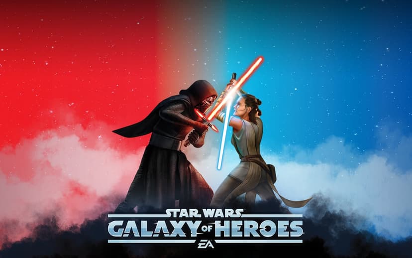 Kylo Ren and Rey clashing red and blue lightsabers against a split red and blue starry background.