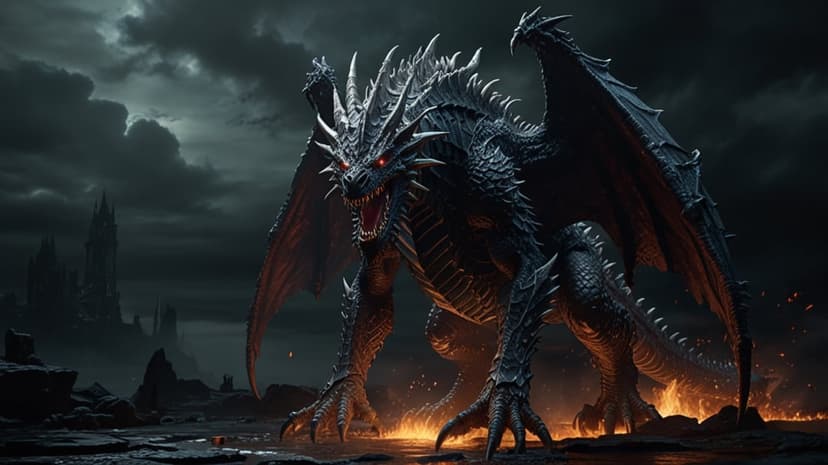 Black dragon with glowing red eyes and leathery wings stands in fire before a dark castle under a stormy sky.