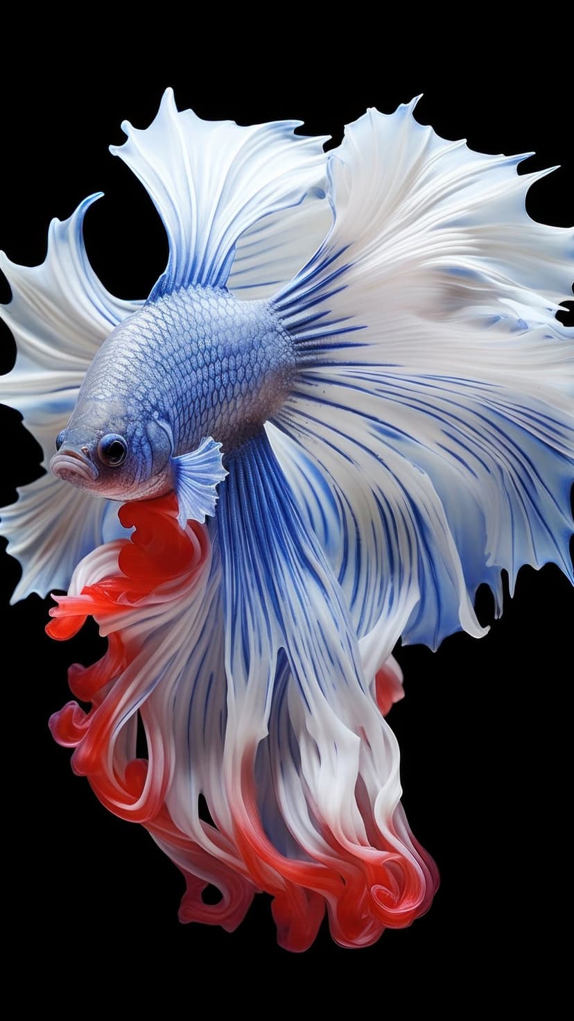 Betta fish with shimmering blue scales and long, flowing red, white, and blue fins against a solid black backdrop.