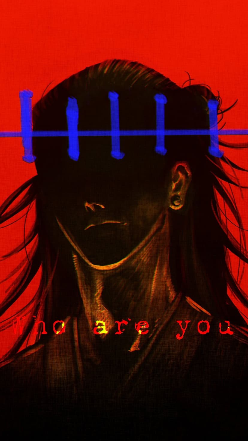 Dark silhouetted character with long hair and a silver piercing behind blue bars on a vivid red background.