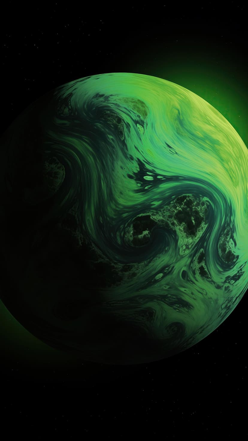 Green swirling planet with glowing atmospheric edges floats in a dark space void filled with distant faint stars.