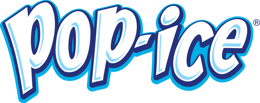 Pop Ice logo emblem featuring bold blue lettering with red accents and ice crystal graphics on transparent base.