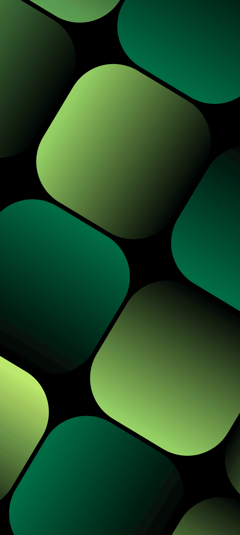 Translucent green rounded squares with soft gradients overlap on a black background in a vertical pattern.