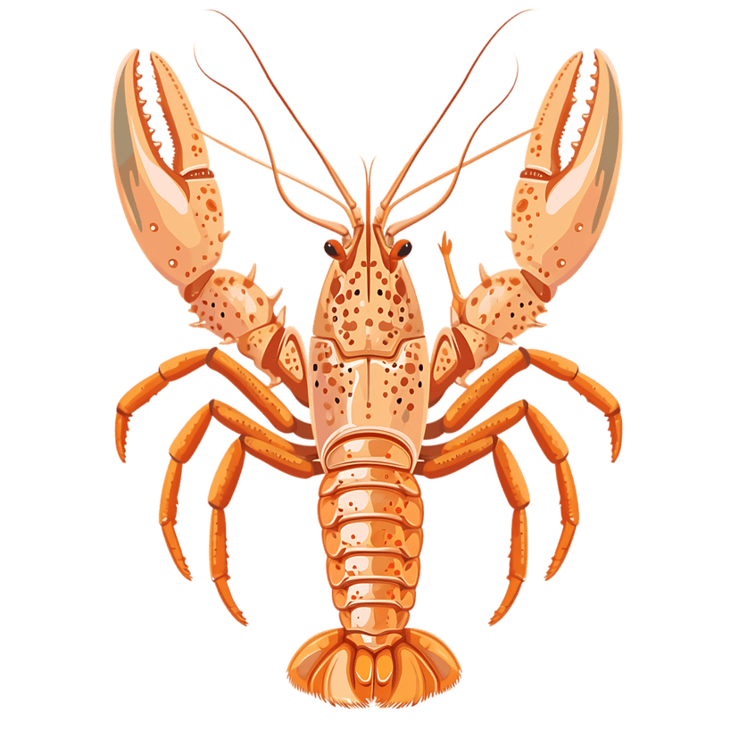 Orange lobster with raised claws displays detailed shell textures and segmented anatomy on a black backdrop.