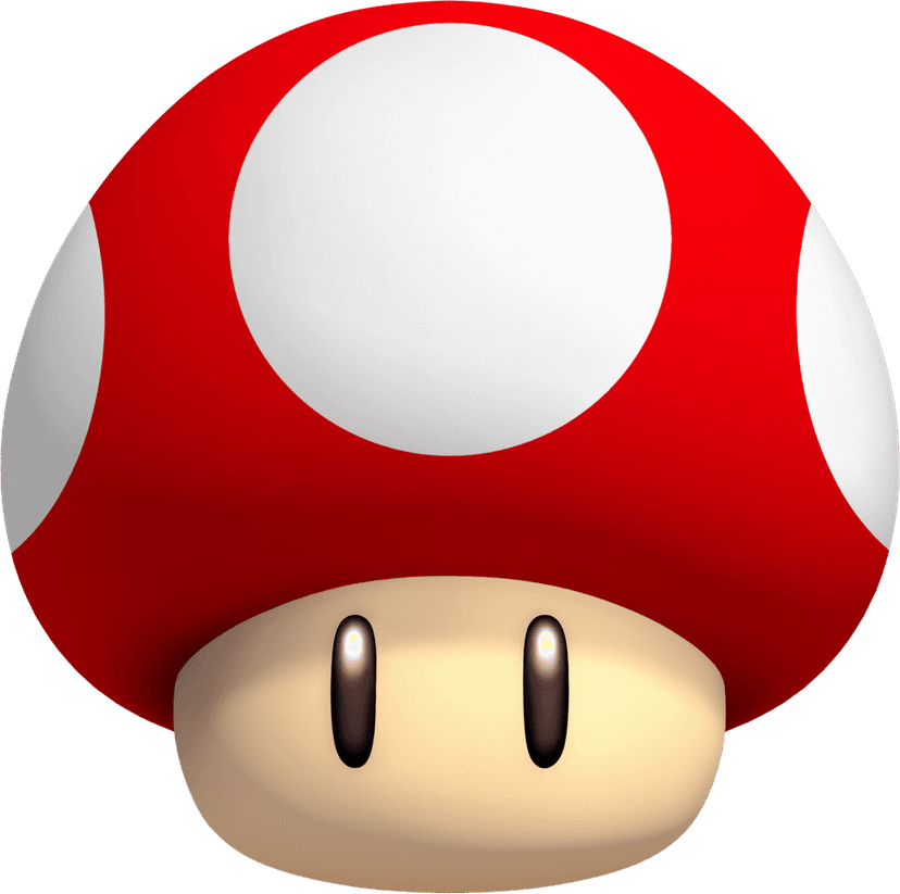 Red Toad character with red spotted mushroom cap wearing a blue vest and white pants in a flat vector style.