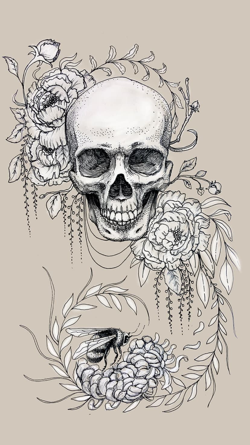 Human skull surrounded by blooming roses and a honeybee with intricate ink-style shading and fine line work.