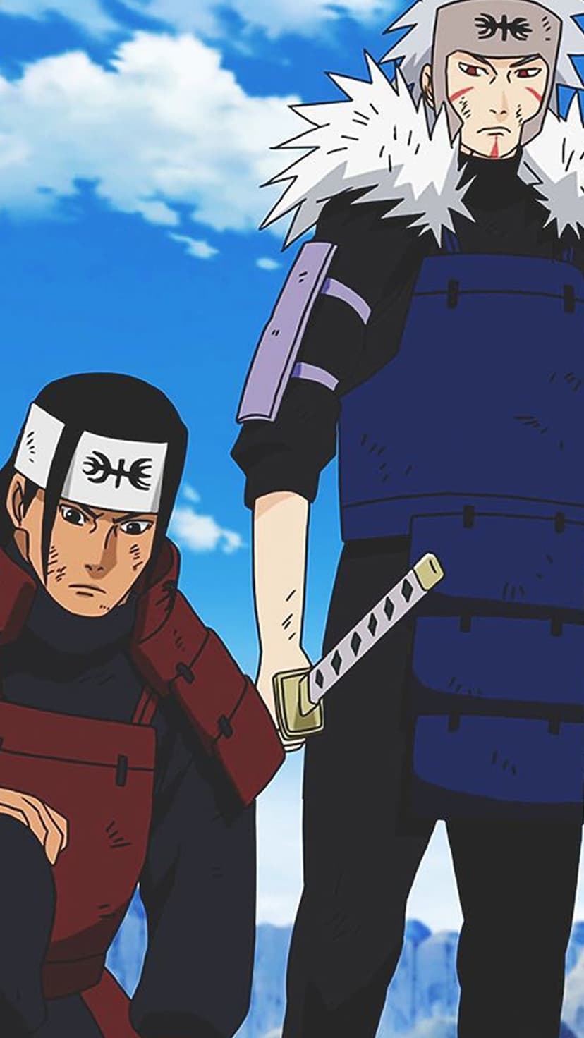Hashirama Senju in red armor and Tobirama Senju in blue armor hold katanas against a bright blue sky with clouds.