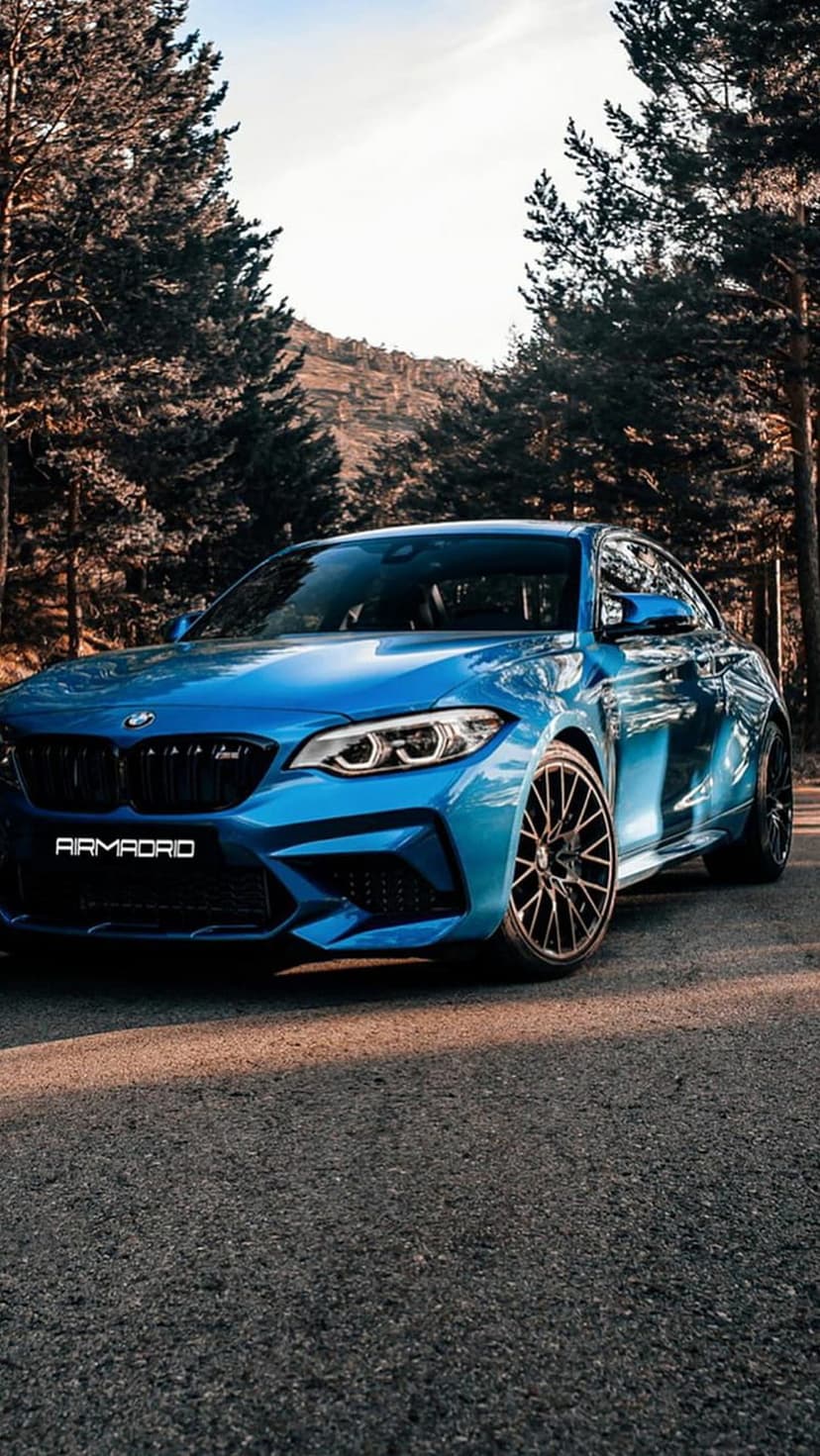 Blue BMW M2 parked on an asphalt forest road with pine trees and mountains in the background under bright sunlight.