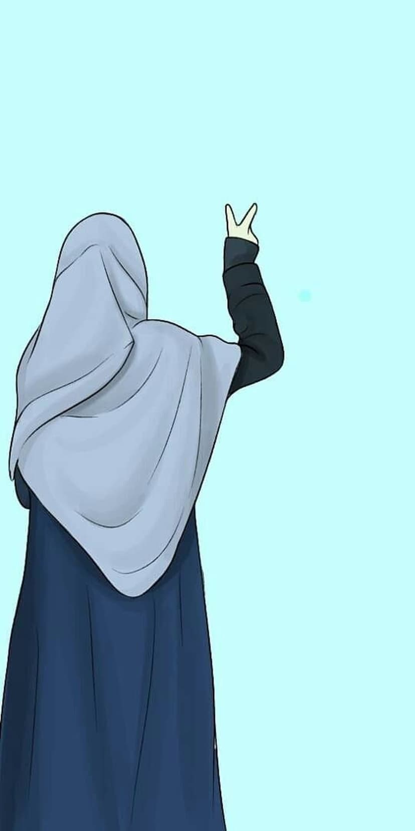 Woman wearing a light blue hijab and dark abaya makes a peace sign from behind against a solid blue background.