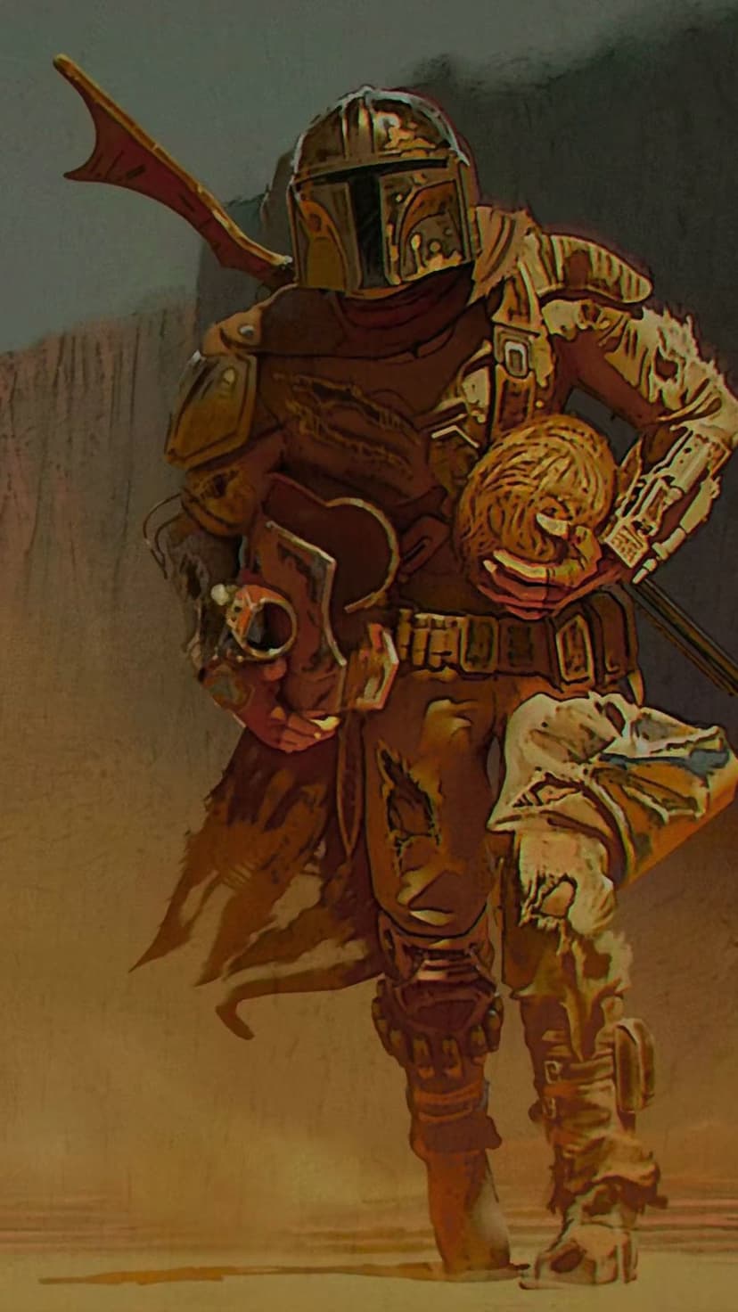 The Mandalorian in silver armor holds Grogu against a textured brown desert backdrop with visible brushstrokes.