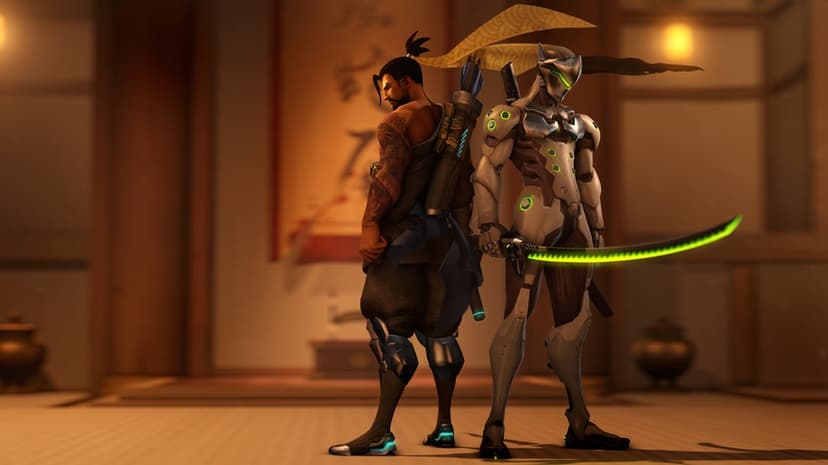 Hanzo and Genji stand back-to-back in a warm dojo, featuring a glowing green sword and intricate dragon tattoo.