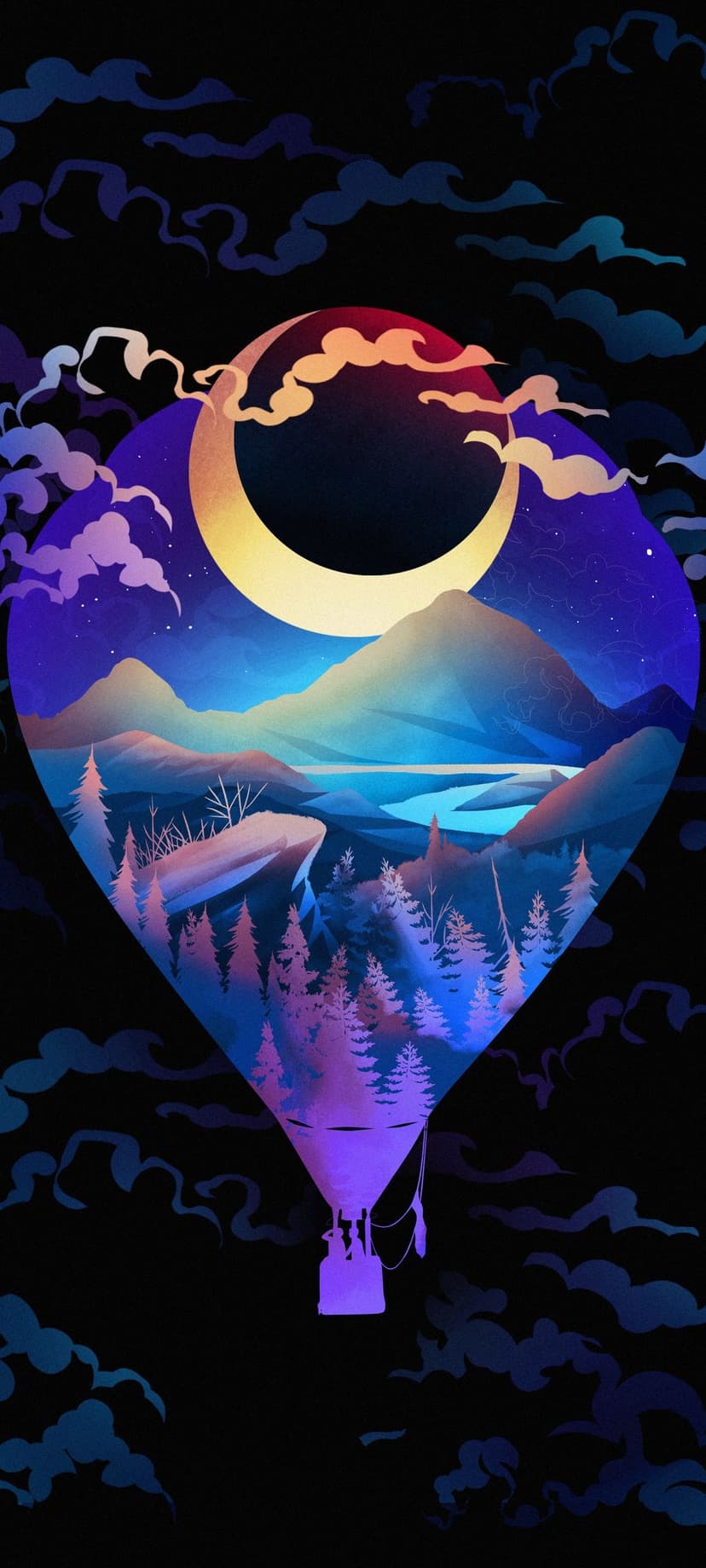 Hot air balloon containing a mountain landscape floats in a purple starry sky beside a fiery crescent moon.