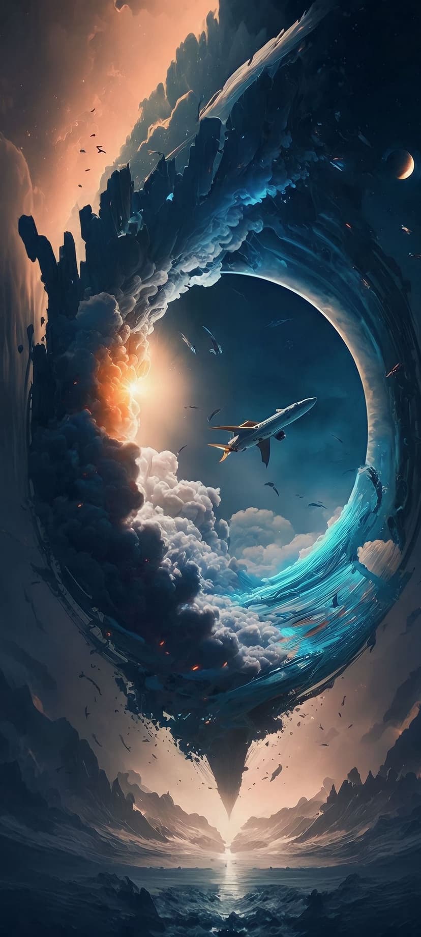 Propeller airplane navigating a massive swirling wave of stardust and celestial clouds beneath a distant moon.