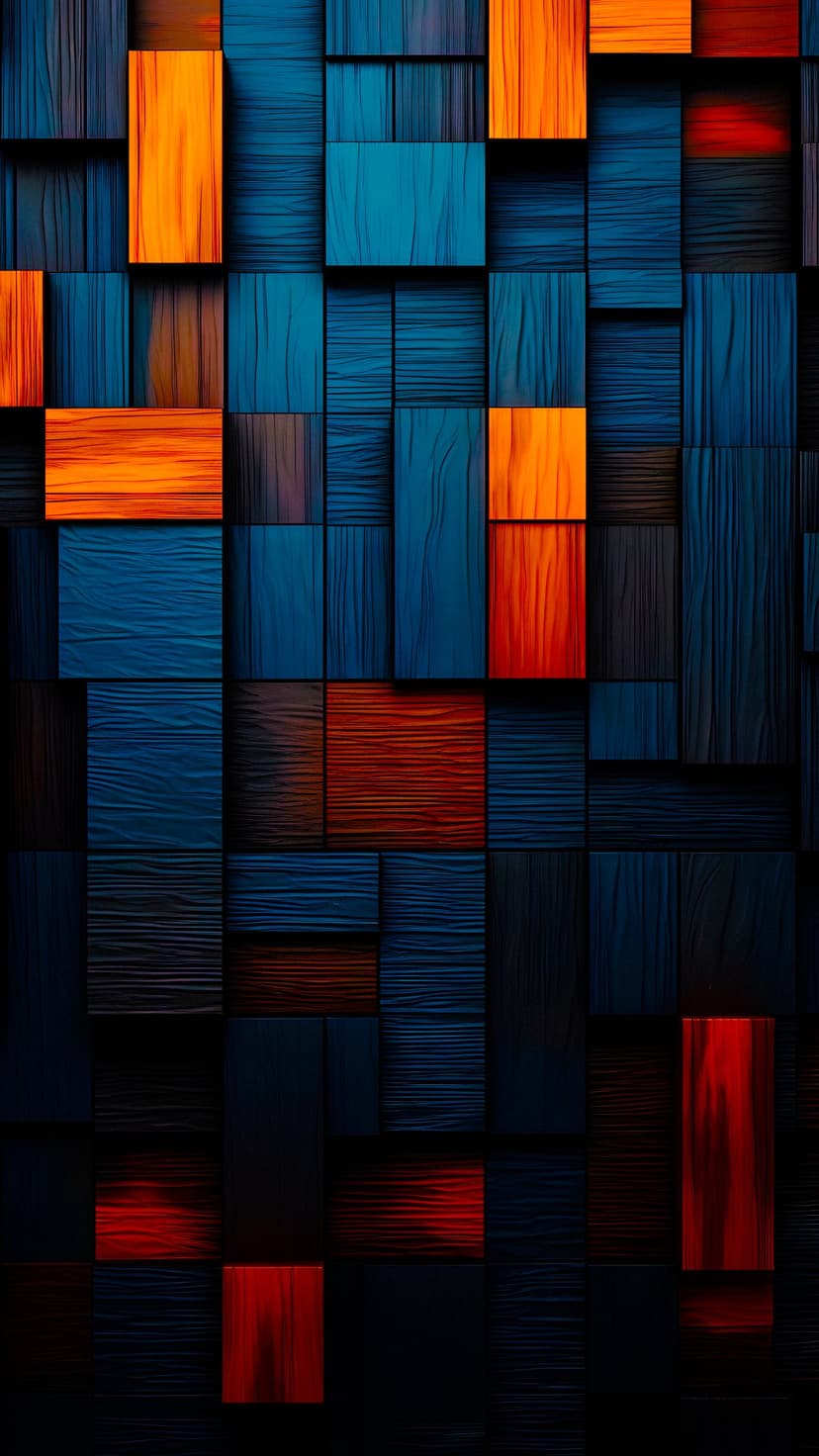Three-dimensional wood grain cubes in blue, orange, and red arranged in a textured geometric grid pattern.