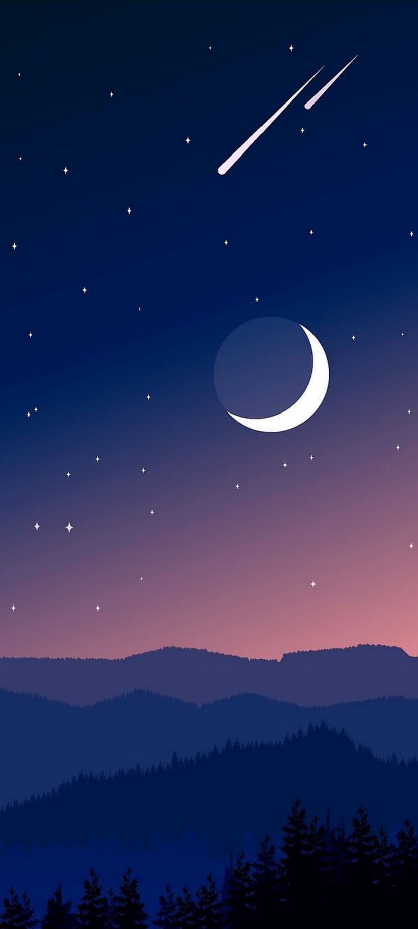 Crescent moon glows above misty mountain silhouettes and streaking meteors against a blue and pink gradient sky.