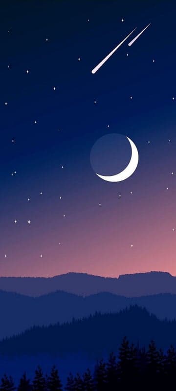 Crescent Moon Over Misty Mountains with Shooting Stars