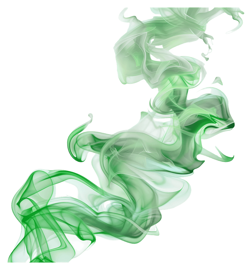 Green smoke vapor swirls featuring translucent emerald gradients and flowing wispy textures on a transparent base.