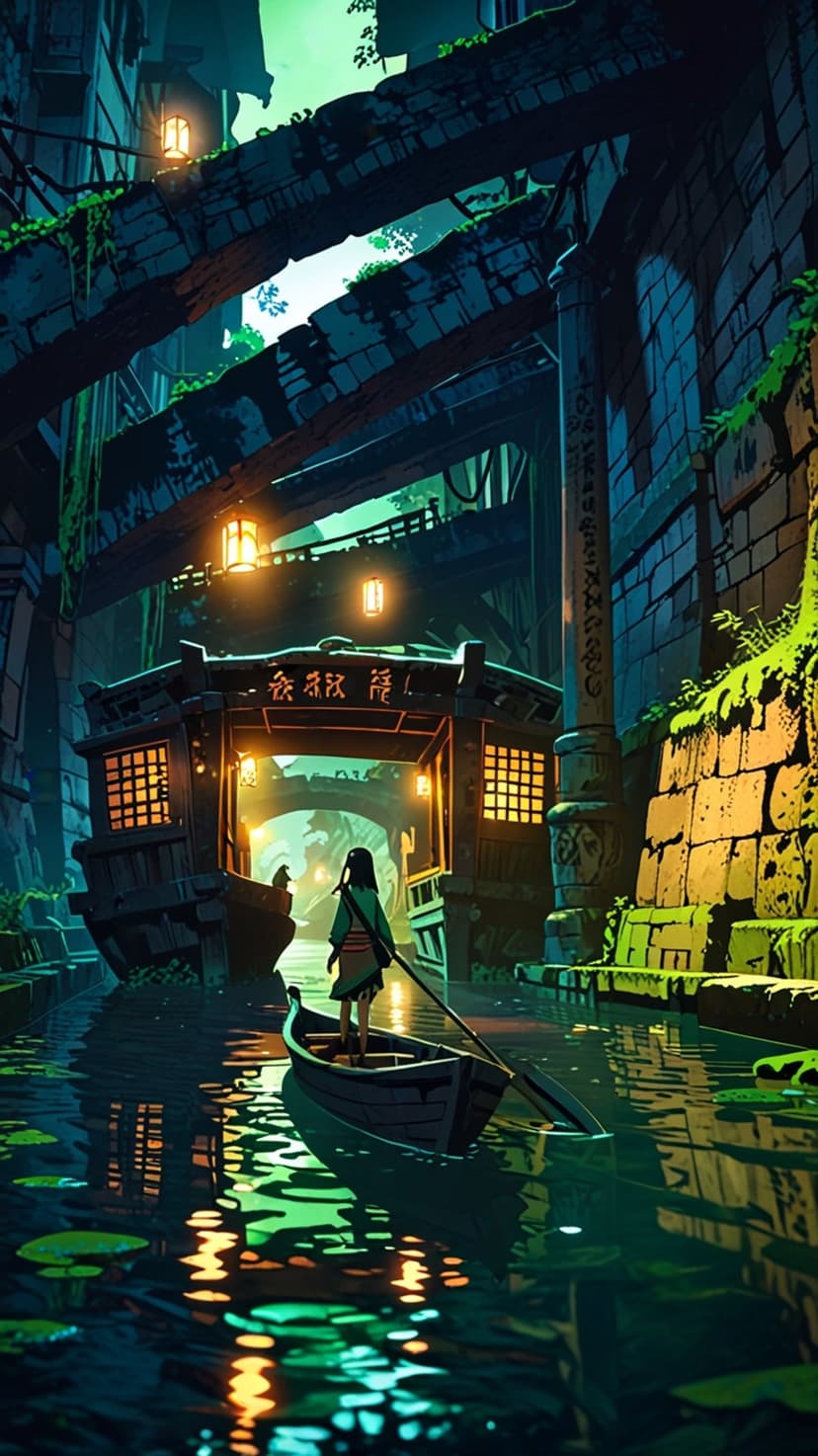 Lone figure in a small boat glides through a narrow canal between overgrown stone buildings with glowing water.