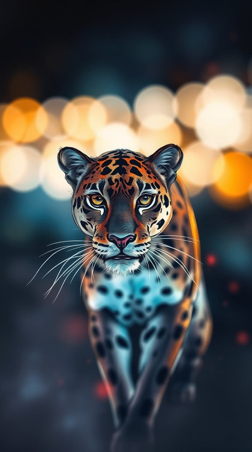 Jaguar face with sharp whiskers and spotted fur gazes intently through warm golden bokeh light spheres.