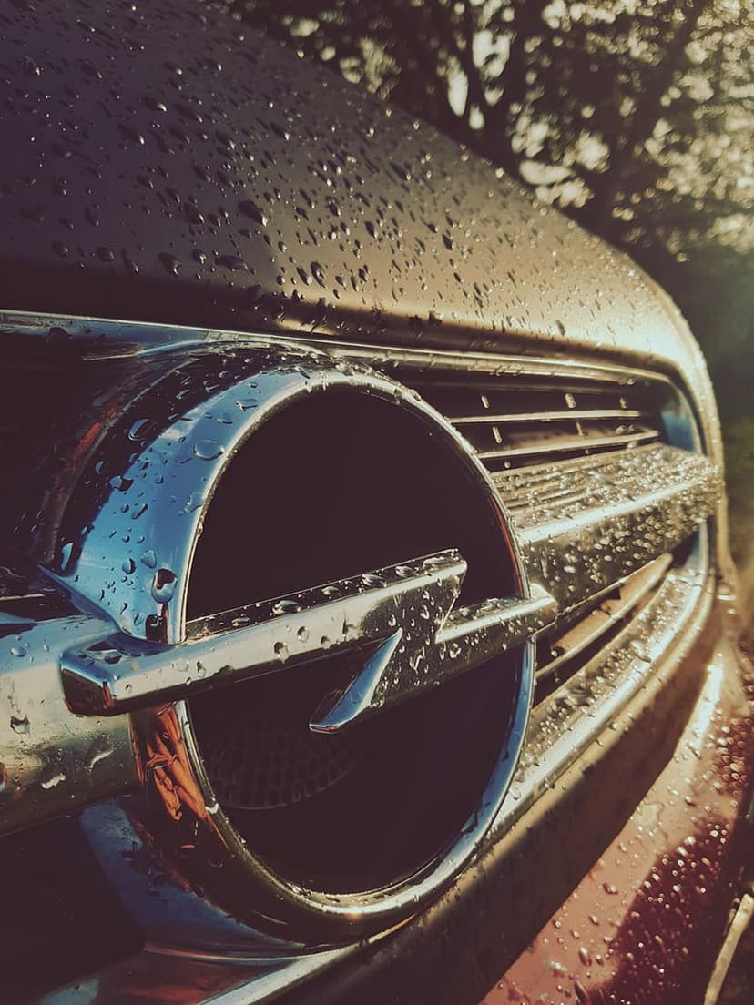 Chrome Opel emblem with sparkling water droplets and golden reflections against a soft bokeh forest backdrop.