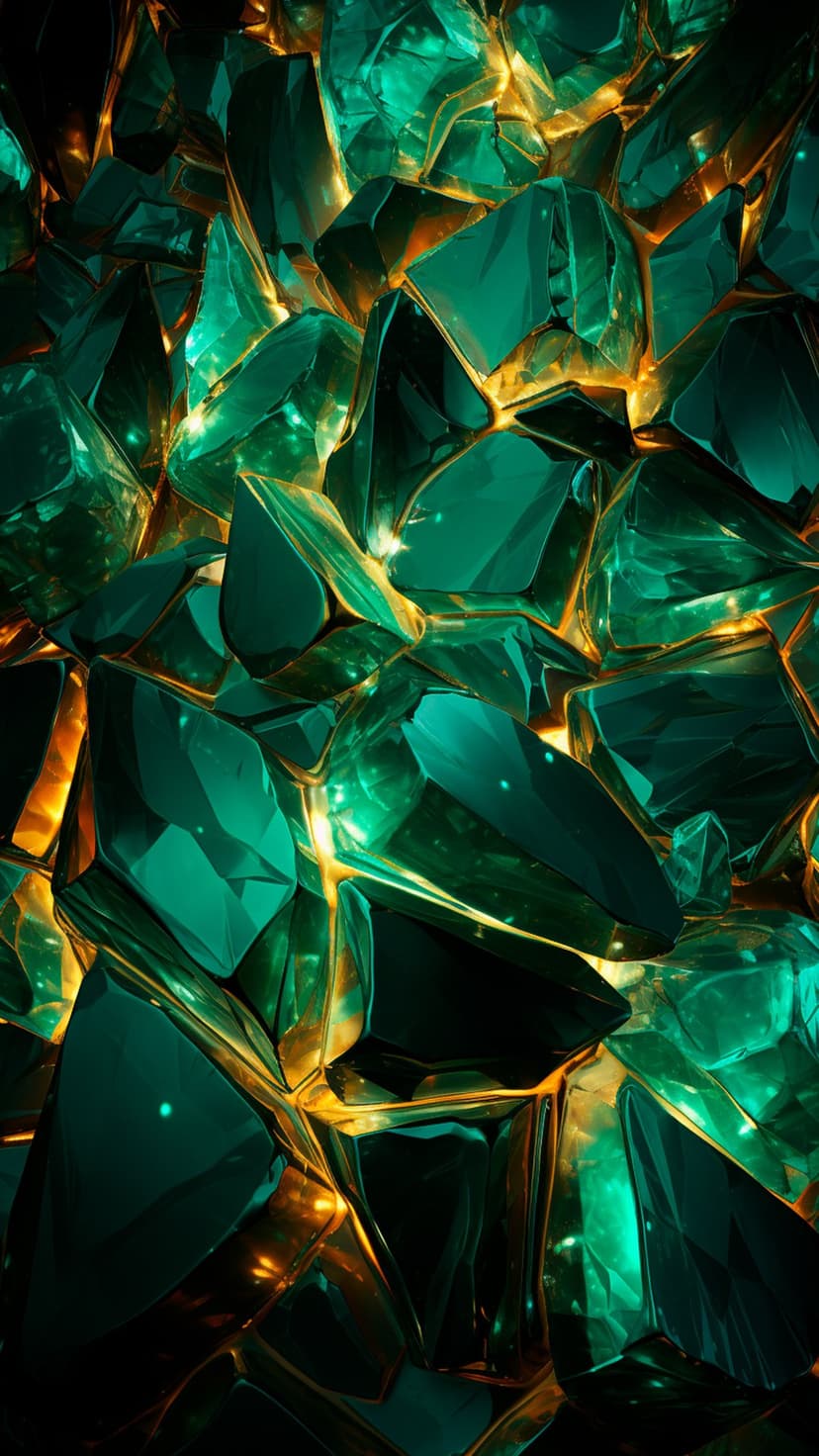 Sharp emerald green crystals fused with glowing molten gold veins showcasing reflective facets and deep shadows.