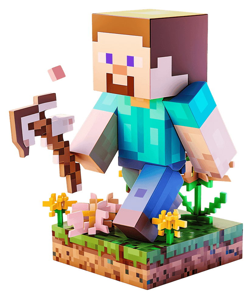Pixelated voxel miner character stands front-facing while holding a brown pickaxe tool against a blank backdrop.
