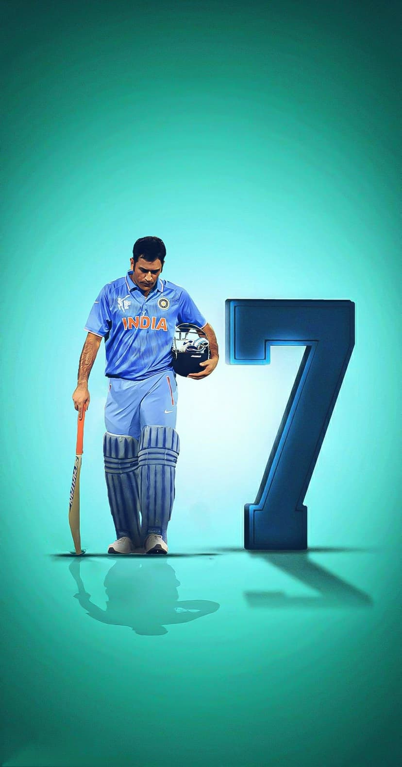MS Dhoni stands holding a cricket bat and helmet beside a large number seven on a reflective teal surface.