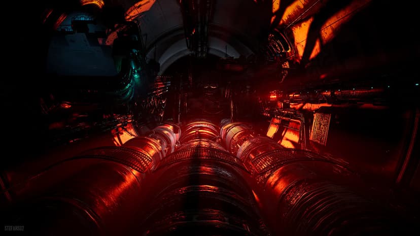 Cyberpunk industrial machinery fills an expansive futuristic factory floor with dark metal pipes and blue neon light.