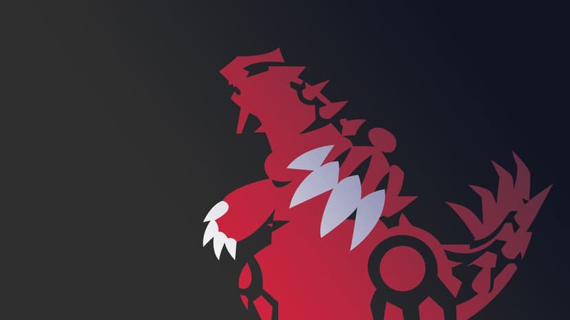 Minimalist Groudon pokemon in red vector art with sharp grey claws on a dark gradient landscape background.