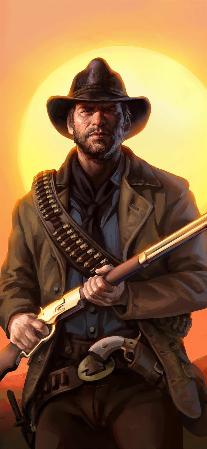 Stoic cowboy in a duster coat holding a golden rifle against a massive glowing orange sun background.