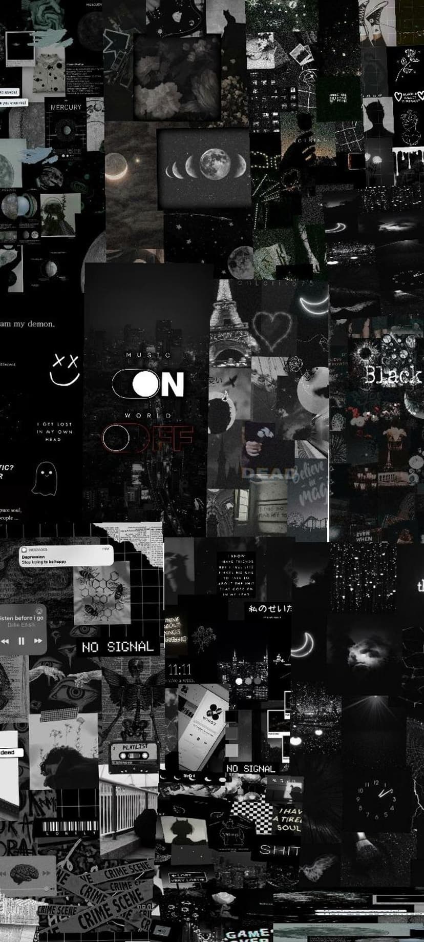 Crescent moon phases and gothic cityscapes merge in a high-contrast black and white vertical art collage.