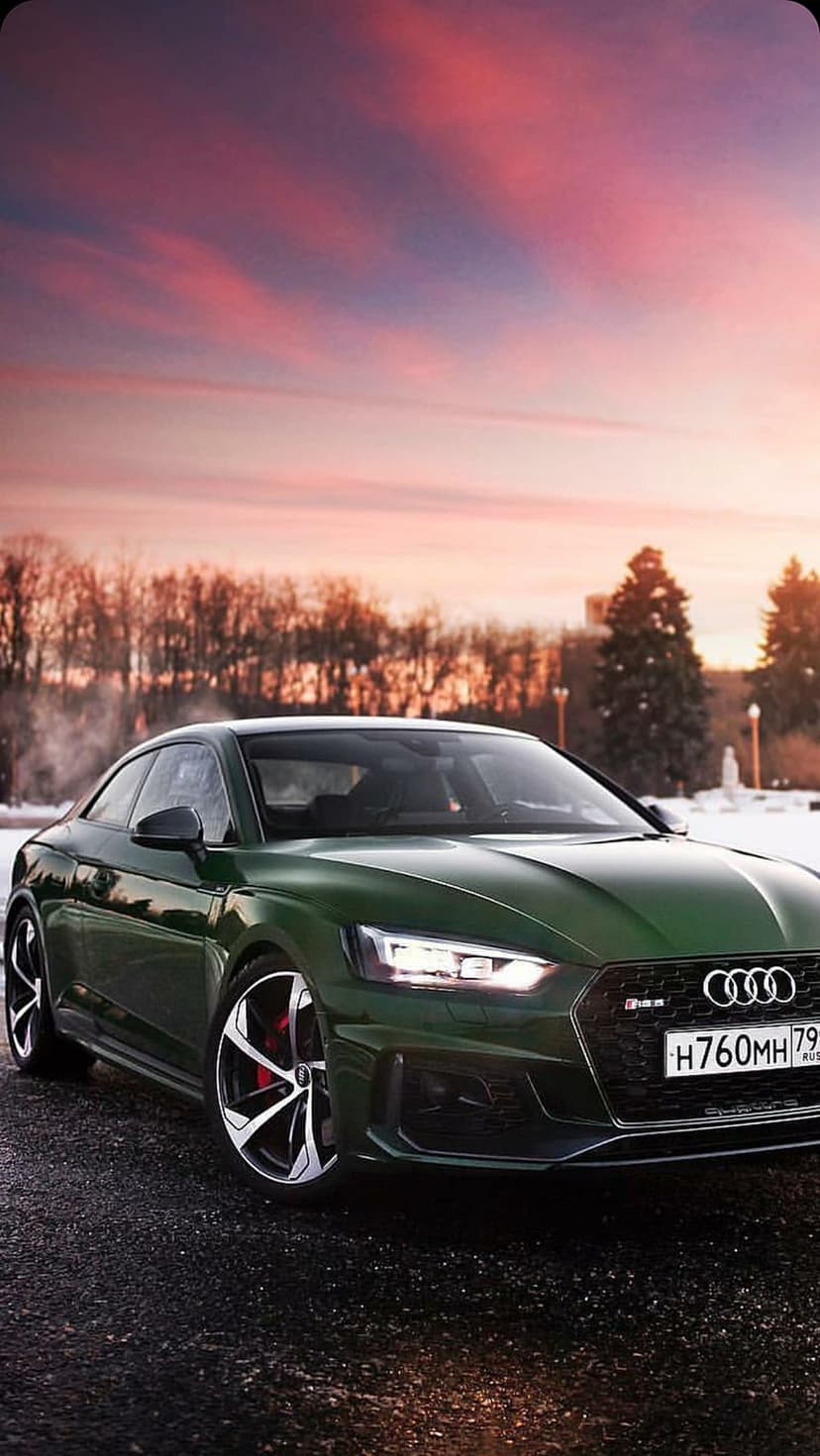 Dark green Audi RS5 Coupe parked on a wet road under a pink and orange sunset sky with bare winter trees.