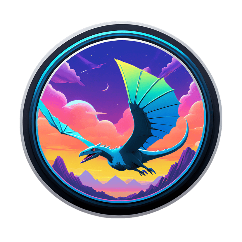 Blue dragon sticker with gradient yellow wings soaring past a crescent moon and purple mountains in a circle.