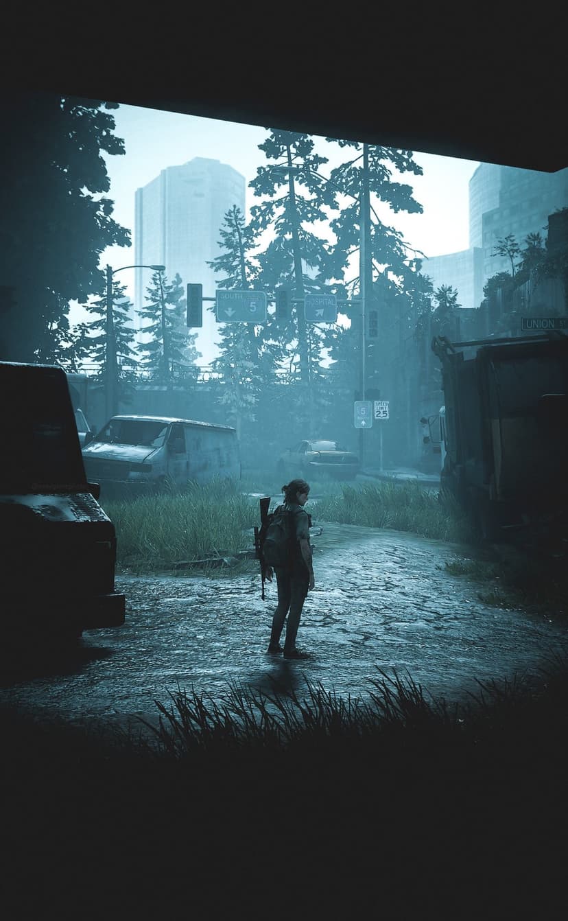 Ellie holds a rifle on a wet, mossy city street filled with abandoned cars and blue-toned atmospheric lighting.