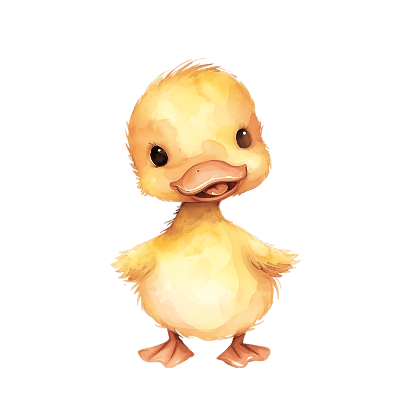 Yellow duckling watercolor illustration with fluffy feathers and orange webbed feet on a transparent background.