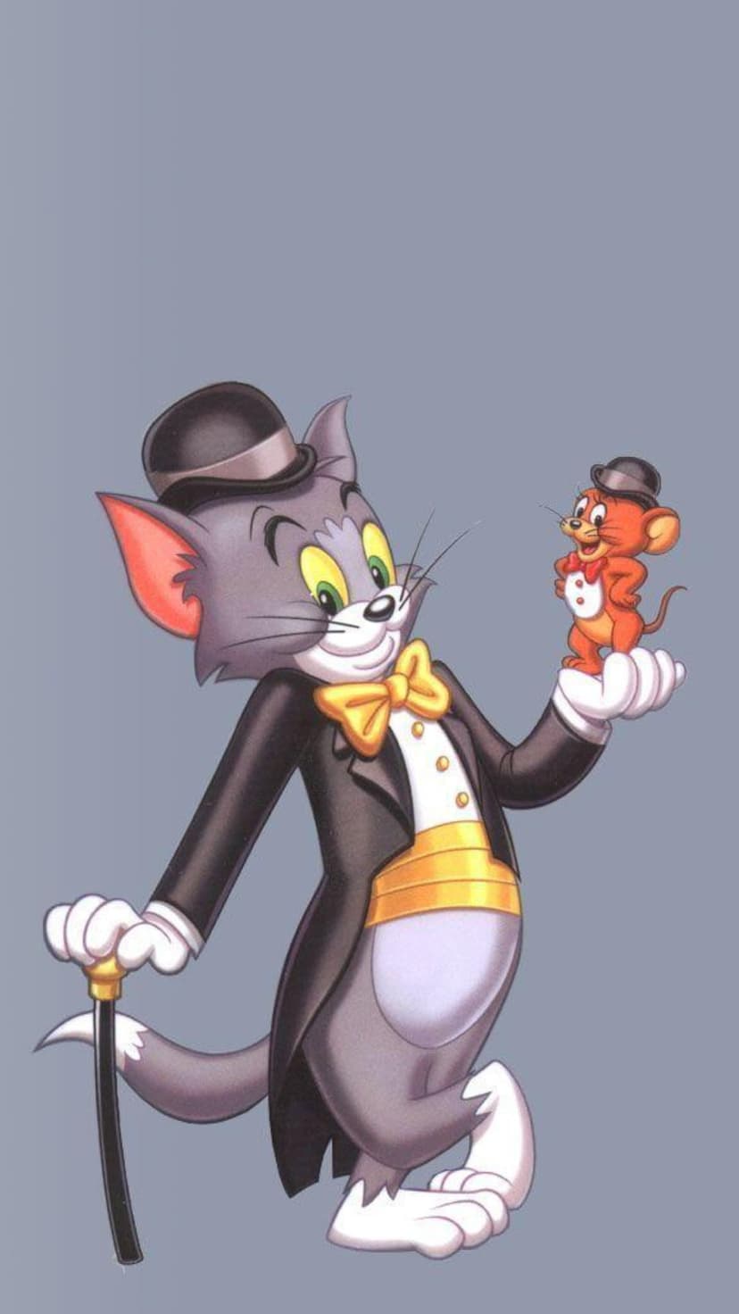 Tom the cat and Jerry the mouse wear black tuxedos, top hats, and yellow bow ties against a grey background.