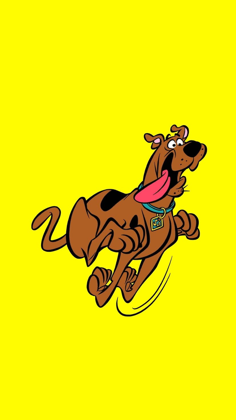 Scooby-Doo runs with a wide smile and tongue out against a vibrant, solid sunflower yellow background scene.